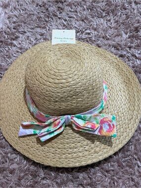Tommy Bahama Kids Natural Straw Hat with Pink & Green Floral Bow